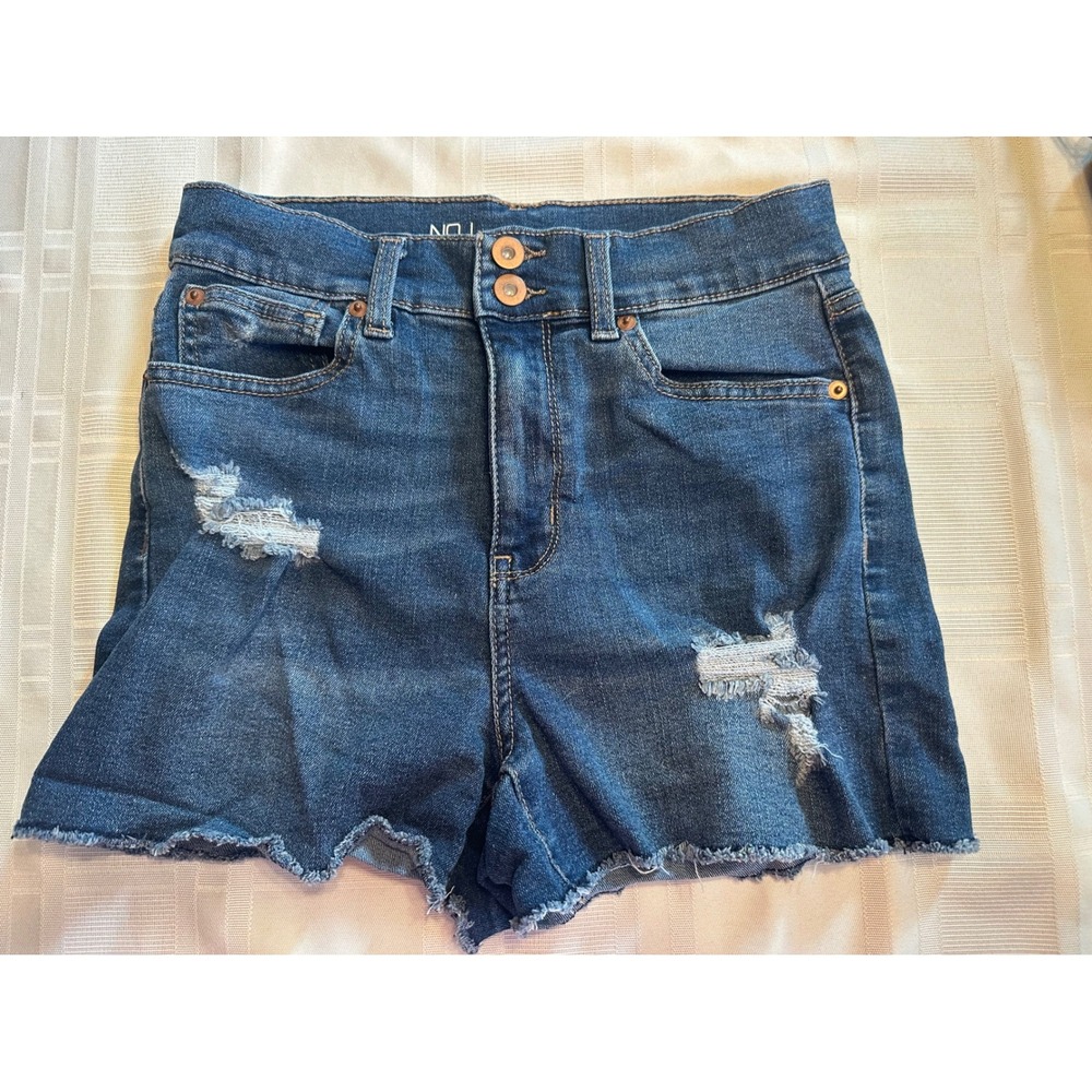 No Boundaries Jean Shorts Womens 7 Blue Distressed High Rise Raw Hem Denim